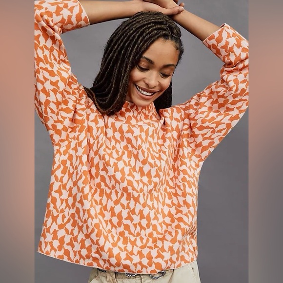 Anthropologie Sweaters - Maeve by Anthropologie Orange & Cream Mock Neck Knit Sweater Size Small